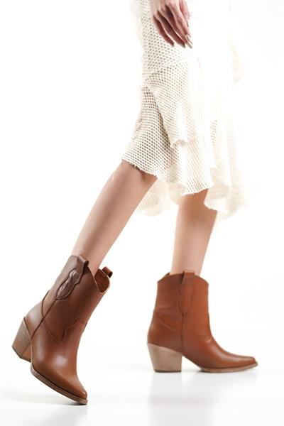 Mubiano Hakiki Deri Collection Kadın Kısa Topuklu Kovboy Bot Taba - MCALM4705 - TB