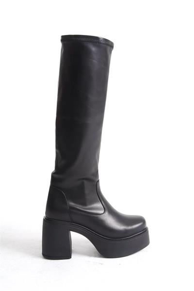 Mubiano Hakiki Deri Collection Kadın Kısa Topuklu Platform Taban Streç Çizme Siyah - MCZFR4444 - S