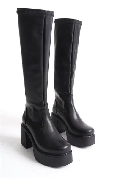 Mubiano Hakiki Deri Collection Kadın Kısa Topuklu Platform Taban Streç Çizme Siyah - MCZFR4444 - S