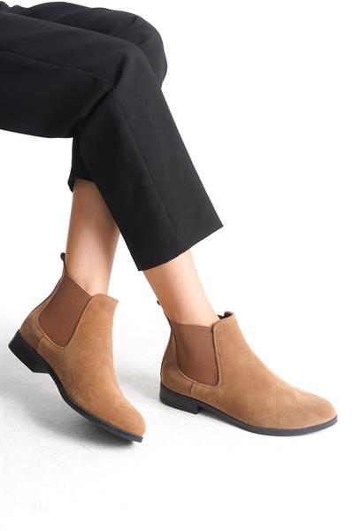 Mubiano Hakiki Deri Collection Kadın Lastik Detaylı Kısa Süet Bot&Bootie Taba - MCSDT036 - TB