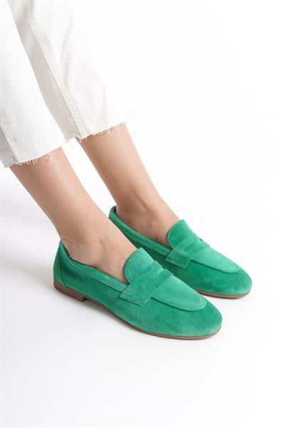 Mubiano Hakiki Deri Collection Kadın Süet Loafer & Babet Yeşil -MCMNG2103-Y
