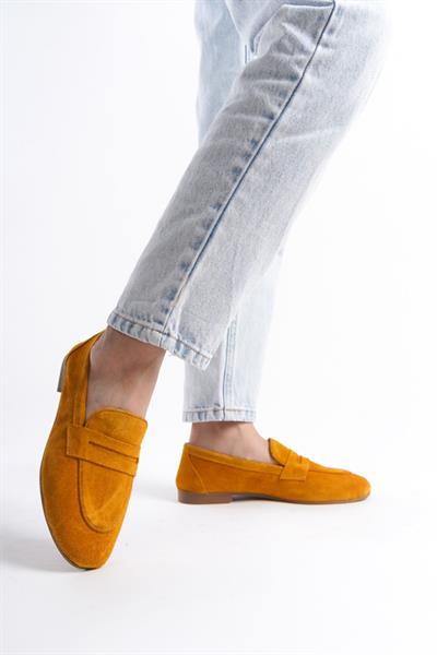 Mubiano Hakiki Deri Collection Kadın Süet Loafer & Babet Hardal -MCMNG2103-HRD