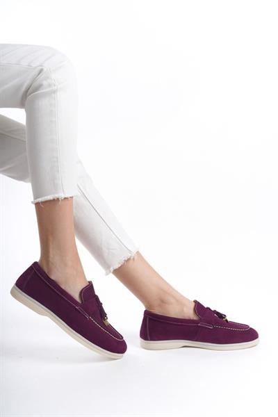 Mubiano Hakiki Deri Collection Kadın Süet Loafer & Babet Mürdüm -MCKRY1410-MRD