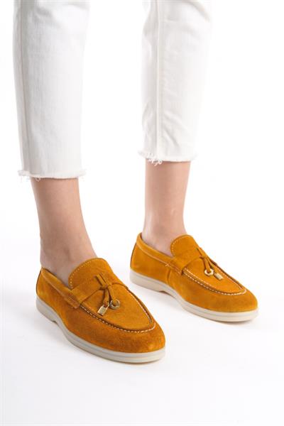 Mubiano Hakiki Deri Collection Kadın Süet Loafer & Babet Hardal -MCKRY1410-HRD
