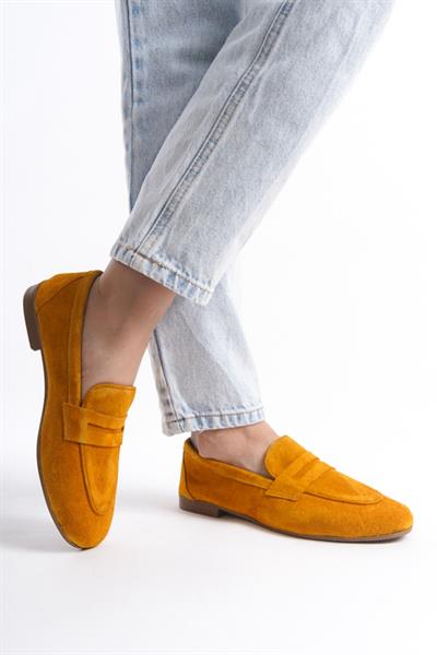 Mubiano Hakiki Deri Collection Kadın Süet Loafer & Babet Hardal -MCMNG2103-HRD