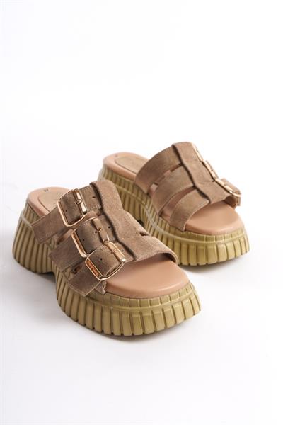 Mubiano Hakiki Deri Collection Kadın Süet Platform Terlik Taba -MCRGN6151-TB