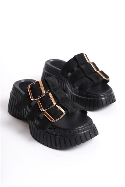 Mubiano Hakiki Deri Collection Kadın Süet Platform Terlik Siyah -MCRGN6151-S