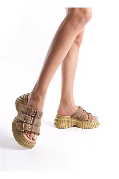 Mubiano Hakiki Deri Collection Kadın Süet Platform Terlik Taba -MCRGN6151-TB