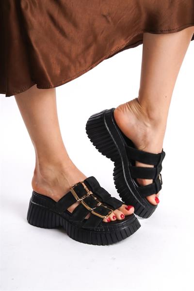 Mubiano Hakiki Deri Collection Kadın Süet Platform Terlik Siyah -MCRGN6151-S