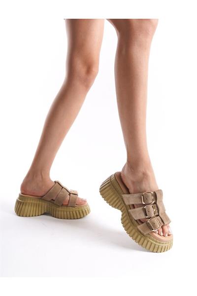 Mubiano Hakiki Deri Collection Kadın Süet Platform Terlik Taba -MCRGN6151-TB