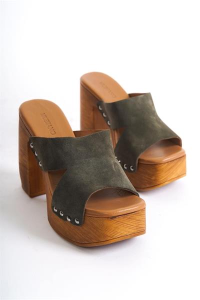 Mubiano Hakiki Deri Collection Kadın Süet Takunya Terlik Haki - MCGVN1501 - HK