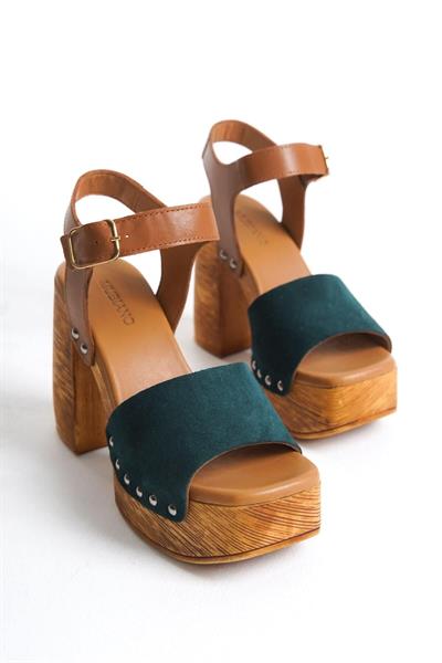 Mubiano Hakiki Deri Collection Kadın Süet Takunya Sandalet Yeşil - MCGVN1504 - Y