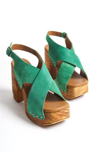 Mubiano Hakiki Deri Collection Kadın Süet Takunya Sandalet Yeşil - MCGVN1502 - Y