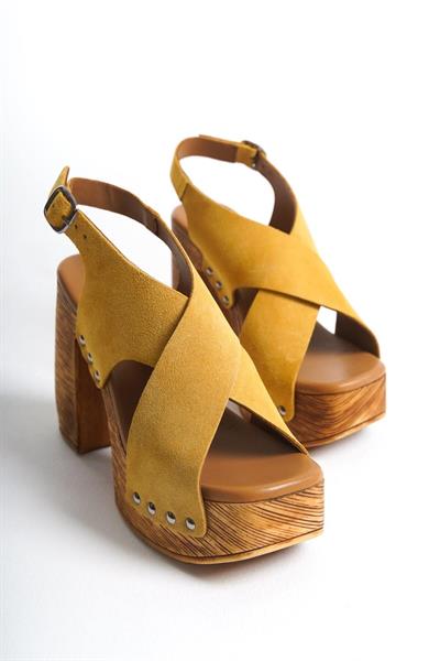 Mubiano Hakiki Deri Collection Kadın Süet Takunya Sandalet Hardal - MCGVN1502 - HRD