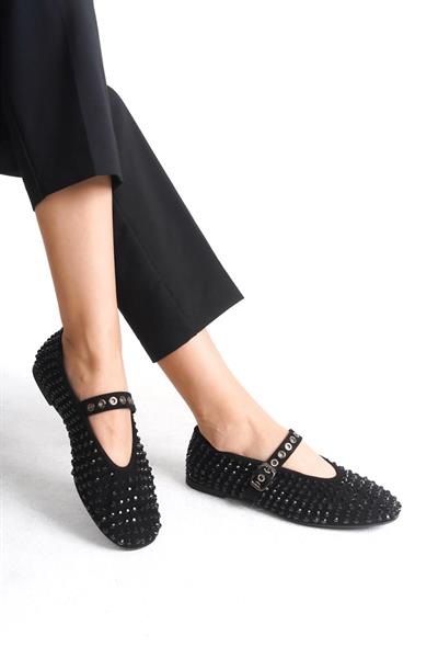 Mubiano Collection Siyah Hakiki Deri Süet Taşlı Kadın Babet  - MCRGN8032 - S