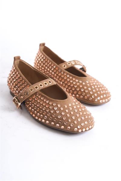 Mubiano Collection Nude Hakiki Deri Süet Taşlı Kadın Babet  - MCRGN8032 - N