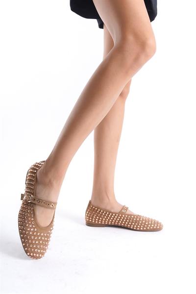 Mubiano Collection Nude Hakiki Deri Süet Taşlı Kadın Babet  - MCRGN8032 - N