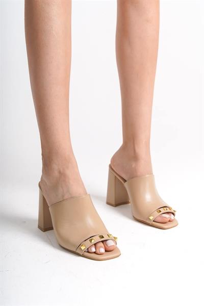 Mubiano Hakiki Deri Collection Kadın Topuklu Terlik Nude -MCBRG5692-N