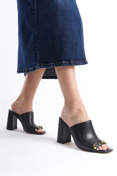 Mubiano Hakiki Deri Collection Kadın Topuklu Terlik Siyah -MCBRG5692-S