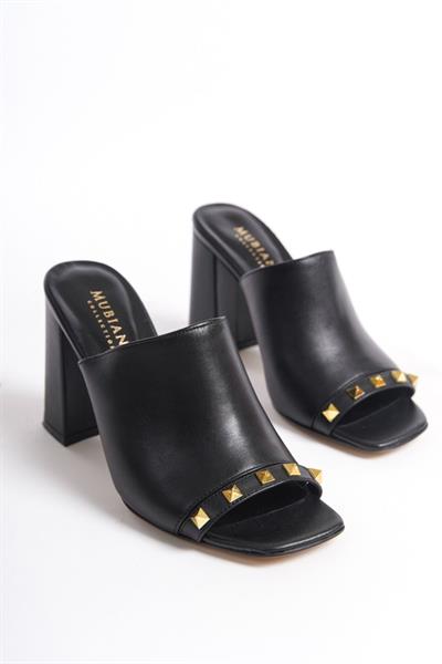 Mubiano Hakiki Deri Collection Kadın Topuklu Terlik Siyah -MCBRG5692-S