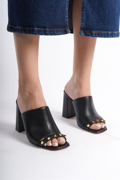 Mubiano Hakiki Deri Collection Kadın Topuklu Terlik Siyah -MCBRG5692-S