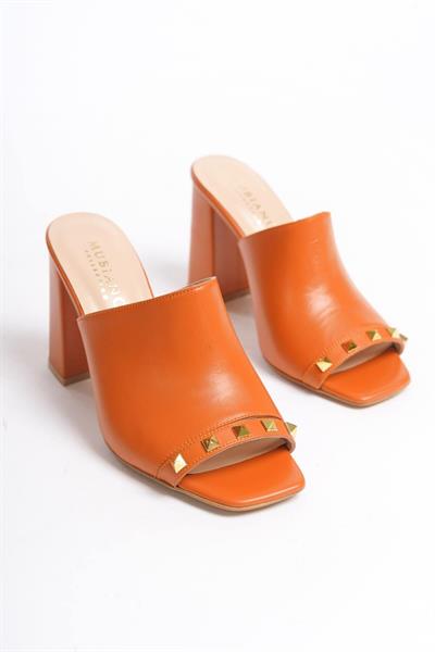 Mubiano Hakiki Deri Collection Kadın Topuklu Terlik Oranj -MCBRG5692-ORJ