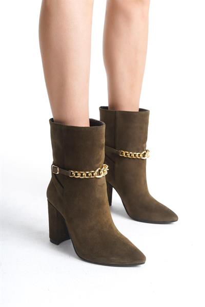Mubiano Hakiki Deri Collection Kadın Zincir Detaylı Topuklu Süet Bot Haki - MCALM23142 - HK