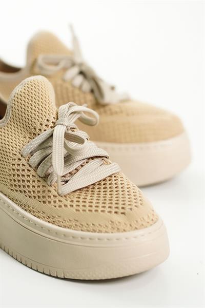 Mubiano H- 101-BJ Triko Örme Kumaş Oval Burunlu Bağcık Detay Kadın Bej Yüksek Taban  Babet & Loafer Ayakkabı