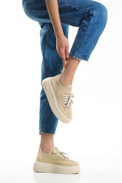 Mubiano H- 101-BJ Triko Örme Kumaş Oval Burunlu Bağcık Detay Kadın Bej Yüksek Taban  Babet & Loafer Ayakkabı