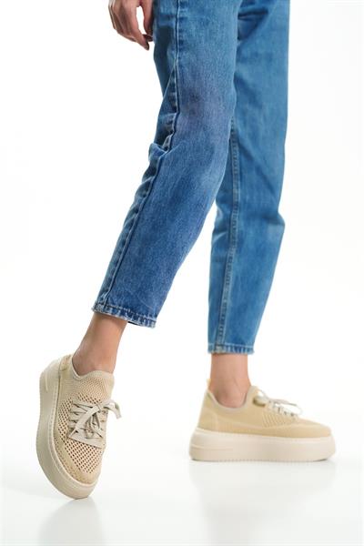 Mubiano H- 101-BJ Triko Örme Kumaş Oval Burunlu Bağcık Detay Kadın Bej Yüksek Taban  Babet & Loafer Ayakkabı