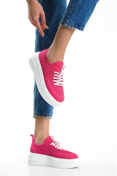 Mubiano H- 101-FS Triko Örme Kumaş Oval Burunlu Bağcık Detay Kadın Fuşya Yüksek Taban  Babet & Loafer Ayakkabı