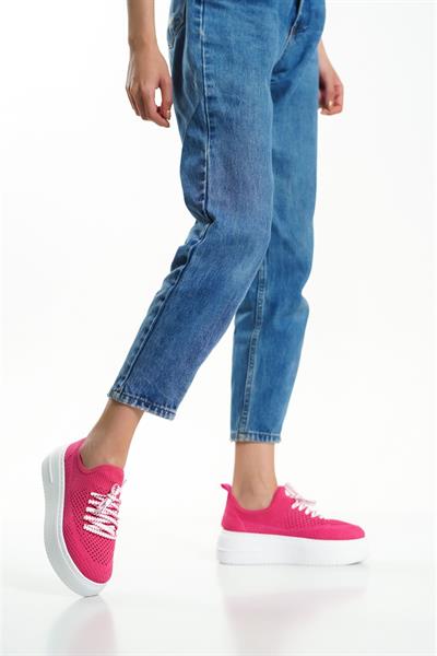 Mubiano H- 101-FS Triko Örme Kumaş Oval Burunlu Bağcık Detay Kadın Fuşya Yüksek Taban  Babet & Loafer Ayakkabı