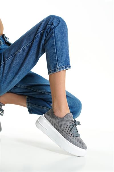 Mubiano H- 101-GR Triko Örme Kumaş Oval Burunlu Bağcık Detay Kadın Gri Yüksek Taban  Babet & Loafer Ayakkabı