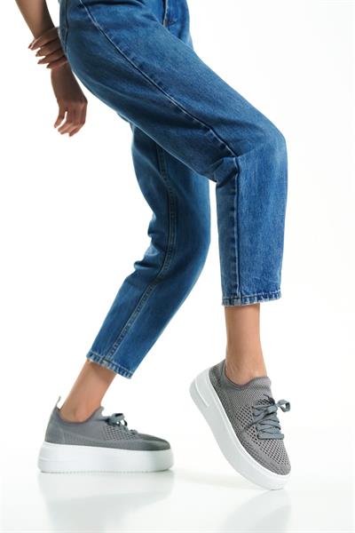 Mubiano H- 101-GR Triko Örme Kumaş Oval Burunlu Bağcık Detay Kadın Gri Yüksek Taban  Babet & Loafer Ayakkabı