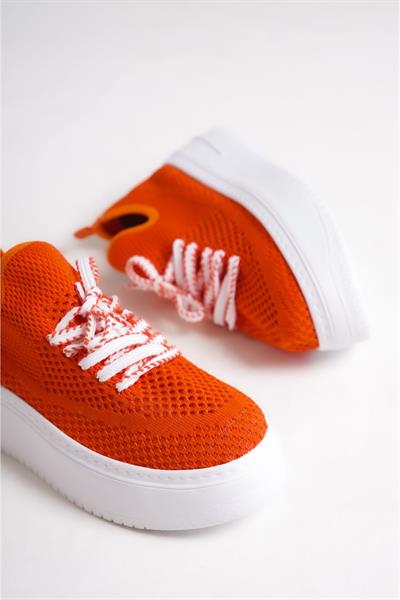 Mubiano H- 101-ORJ Triko Örme Kumaş Oval Burunlu Bağcık Detay Kadın Oranj Yüksek Taban  Babet & Loafer Ayakkabı