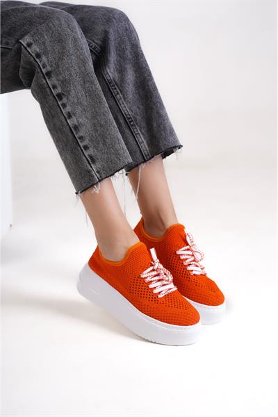Mubiano H- 101-ORJ Triko Örme Kumaş Oval Burunlu Bağcık Detay Kadın Oranj Yüksek Taban  Babet & Loafer Ayakkabı