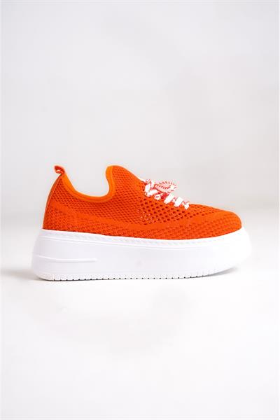 Mubiano H- 101-ORJ Triko Örme Kumaş Oval Burunlu Bağcık Detay Kadın Oranj Yüksek Taban  Babet & Loafer Ayakkabı