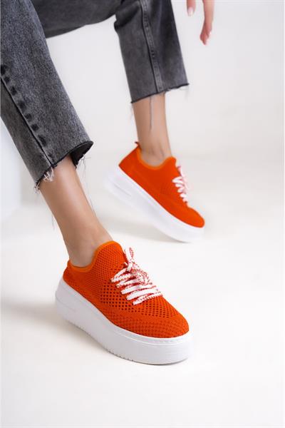 Mubiano H- 101-ORJ Triko Örme Kumaş Oval Burunlu Bağcık Detay Kadın Oranj Yüksek Taban  Babet & Loafer Ayakkabı