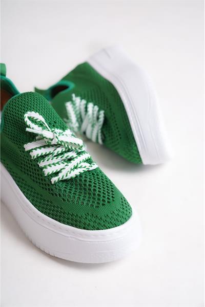 Mubiano H- 101-Y Triko Örme Kumaş Oval Burunlu Bağcık Detay Kadın Yeşil Yüksek Taban  Babet & Loafer Ayakkabı