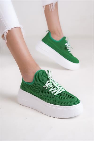 Mubiano H- 101-Y Triko Örme Kumaş Oval Burunlu Bağcık Detay Kadın Yeşil Yüksek Taban  Babet & Loafer Ayakkabı