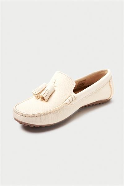 Mubiano Hakiki Deri 201-BJ Püsküllü Oval Burunlu Kadın Bej Babet & Loafer Ayakkabı
