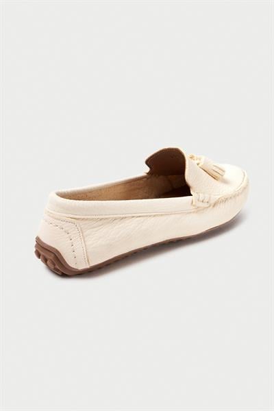 Mubiano Hakiki Deri 201-BJ Püsküllü Oval Burunlu Kadın Bej Babet & Loafer Ayakkabı