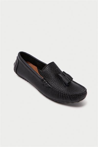 Mubiano Hakiki Deri 201-S Püsküllü Oval Burunlu Kadın Siyah Babet & Loafer Ayakkabı