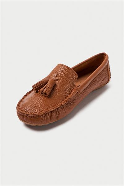 Mubiano Hakiki Deri 201-TB Püsküllü Oval Burunlu Kadın Taba Babet & Loafer Ayakkabı