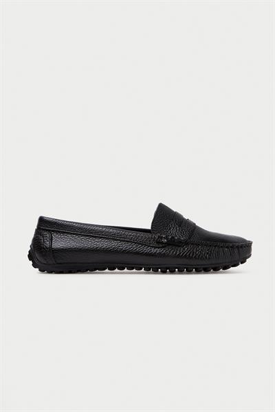 Mubiano Hakiki Deri 202-S Oval Burunlu Kadın Siyah Babet & Loafer Ayakkabı