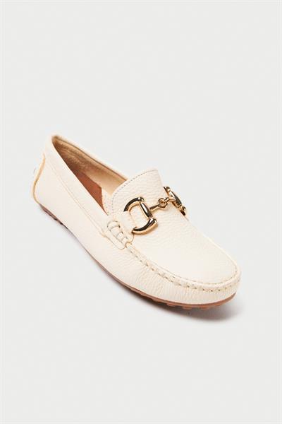 Mubiano Hakiki Deri 203-BJ Oval Burunlu Toka Detay Kadın Bej Babet & Loafer Ayakkabı