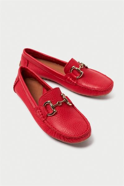 Mubiano Hakiki Deri 203-KR Oval Burunlu Toka Detay Kadın Kırmızı Babet & Loafer Ayakkabı