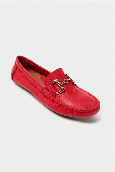 Mubiano Hakiki Deri 203-KR Oval Burunlu Toka Detay Kadın Kırmızı Babet & Loafer Ayakkabı