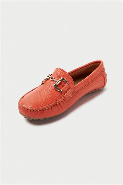 Mubiano Hakiki Deri 203-ORJ Oval Burunlu Toka Detay Kadın Turuncu Babet & Loafer Ayakkabı