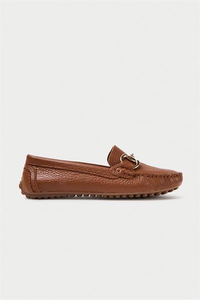Mubiano Hakiki Deri 203-TB Oval Burunlu Toka Detay Kadın Taba Babet & Loafer Ayakkabı
